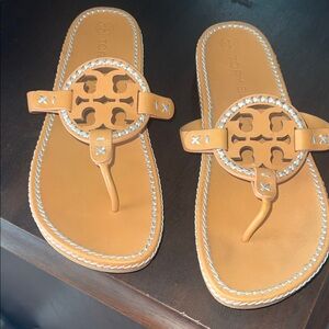 Tory Burch Cognac Leather Logo Thong Sandals